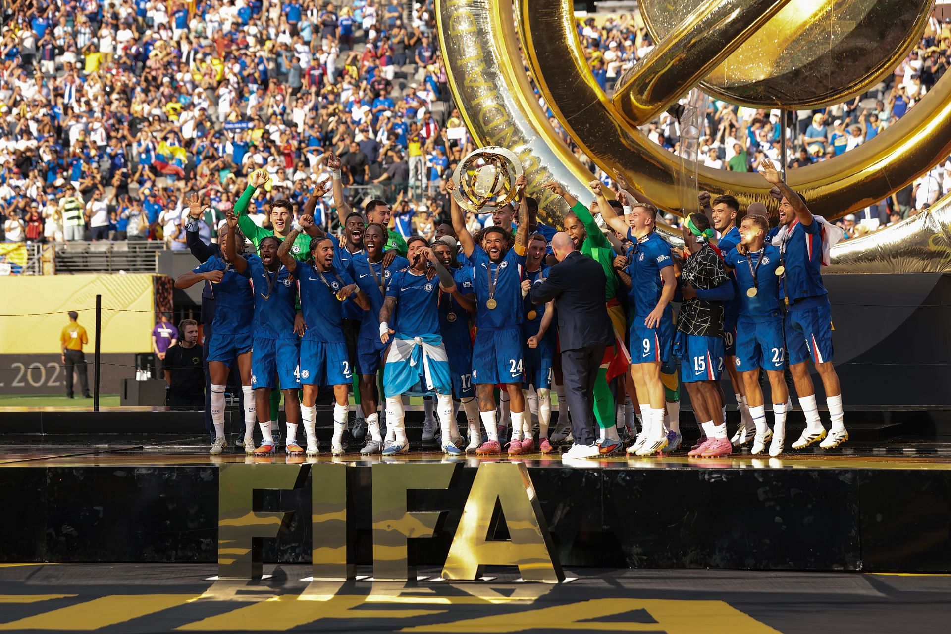 Chelsea celebrate their Club World Cup title.